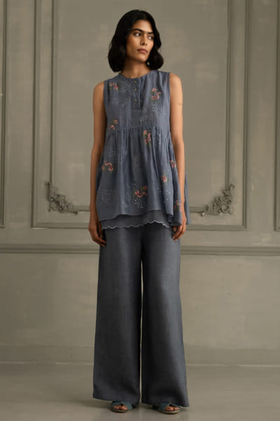 ARCVSH by Pallavi Singh Blue hand block print embroidered co-ord set ARCVJUL26D149831