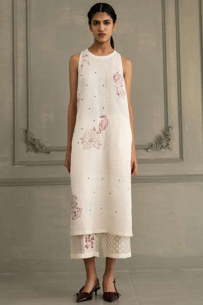 ARCVSH by Pallavi Singh Ivory hand block printed embroidered tunic set ARCVJUL26D149855