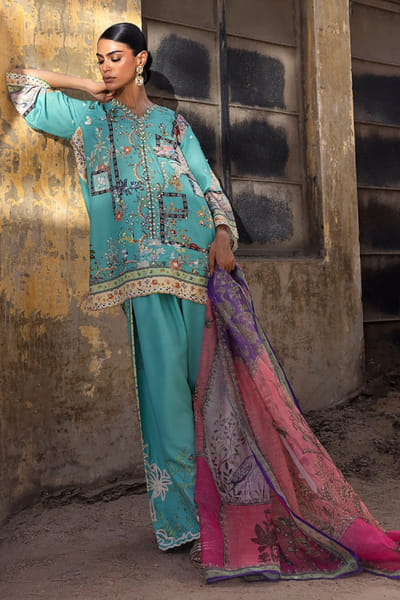 Sana Safinaz Sea green printed embroidered short kurta set SANAJUL26D150012