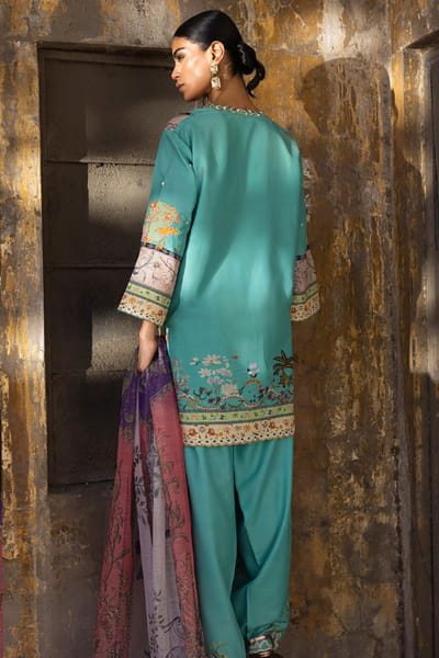 Sana Safinaz Sea green printed embroidered short kurta set SANAJUL26D150012