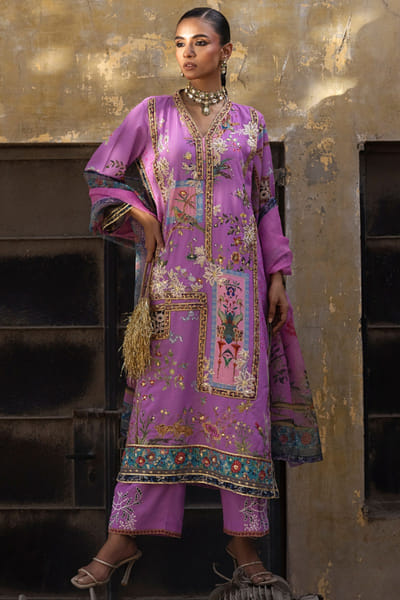 Sana Safinaz Pink printed embroidered kurta set SANAJUL26D150013
