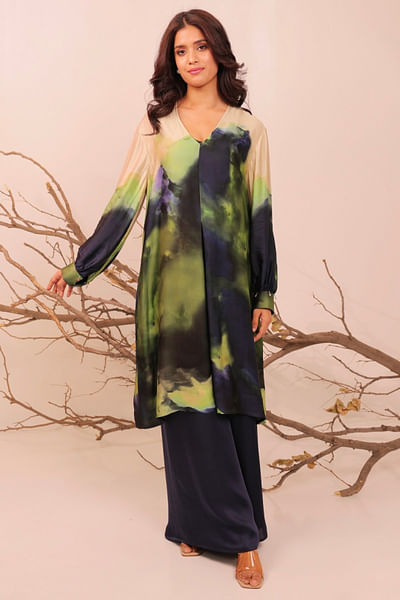 Midnight blue printed A-line tunic set