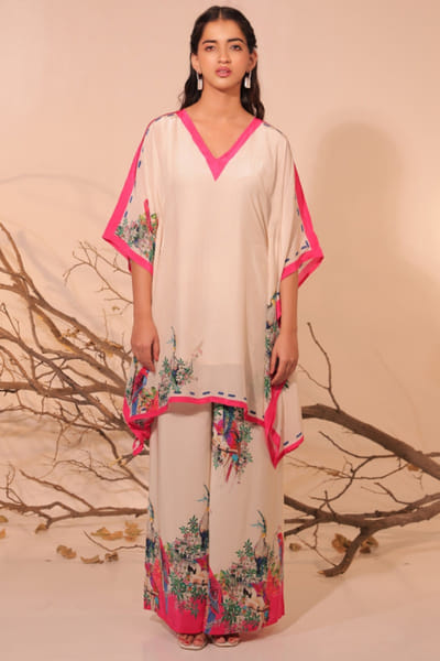 Off-white floral and bird printed kaftan set