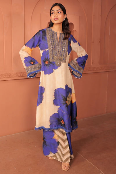 Beige floral printed A-line kurta set