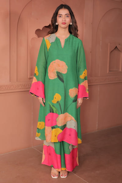 Green floral printed A-line kurta set
