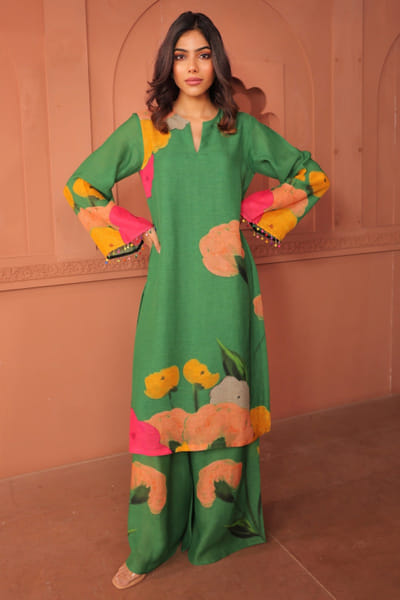 Green floral print kurta set