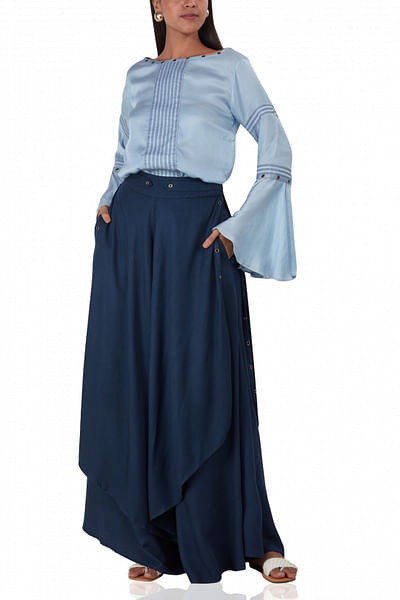 Bell-sleeve blouse with tiered pants