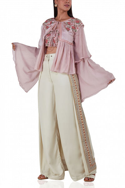 Embroidered crop-top, jacket and flared pants