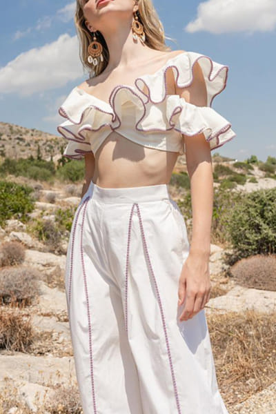 White poplin ruffled top and pants