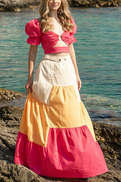 Pink colour-blocked top and skirt