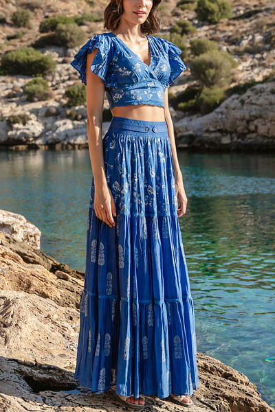 Blue printed crop top and skirt