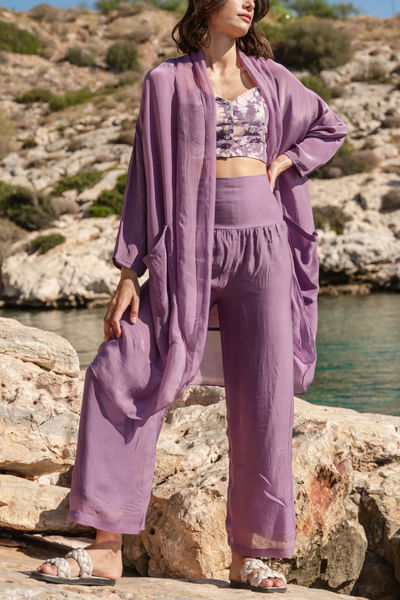 Purple printed bustier and throw pants