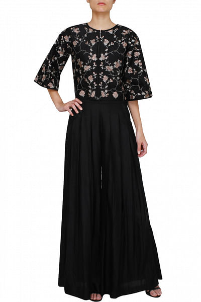 Black silk palazzo with embroidered crop top