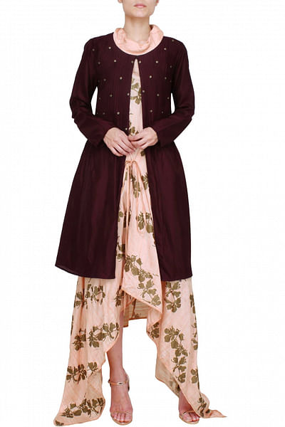 Blush Swiss silk dress with burgundy pin tuck jacket