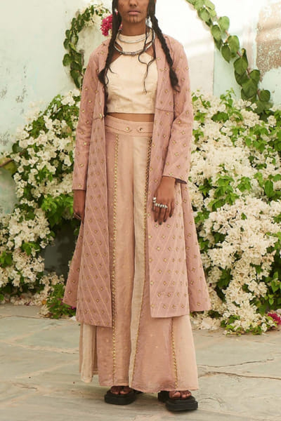 Light pink embroidered trench and palazzos