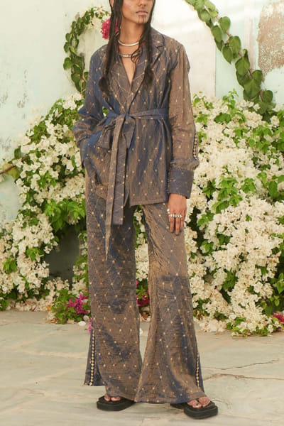 Navy blue gold tissue shacket and pants