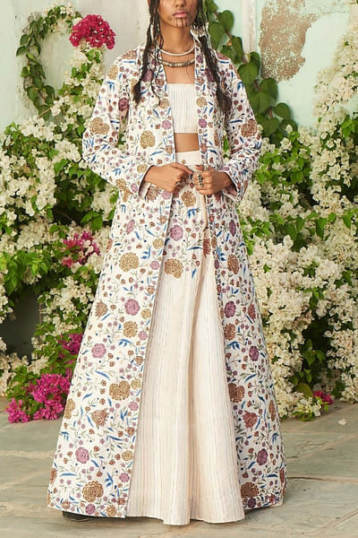 Ivory embroidered jacket and skirt set