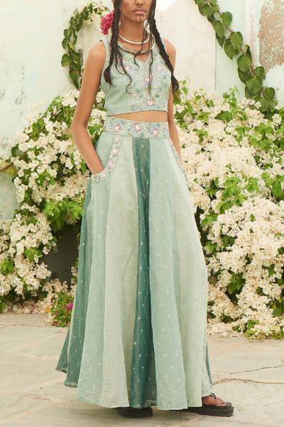 Mint green crop top and skirt set