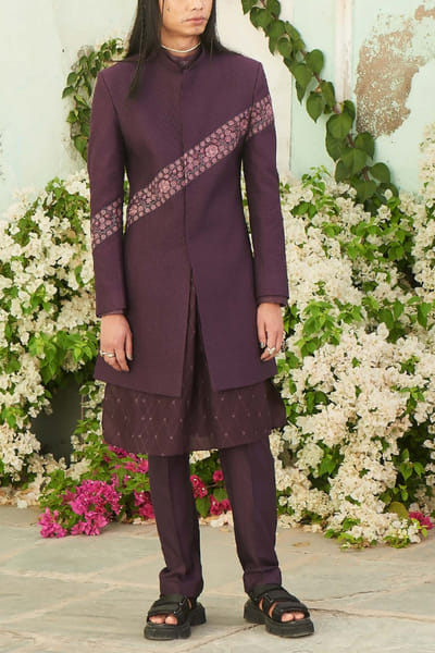 Purple embroidered achkan set