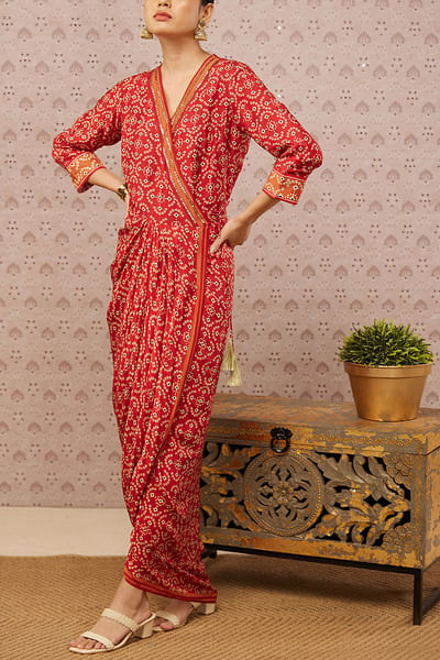 Red bandhej overlap dress