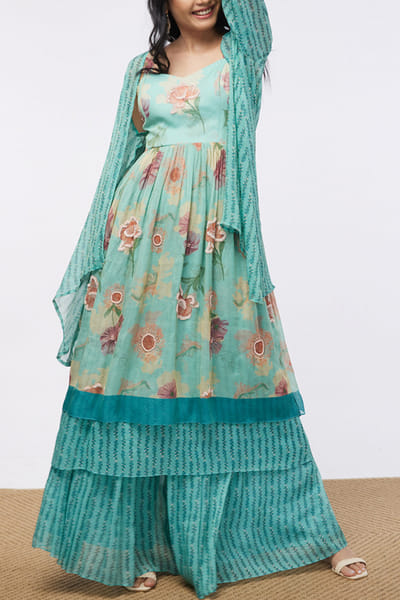 Mint blue printed jacket and sharara set