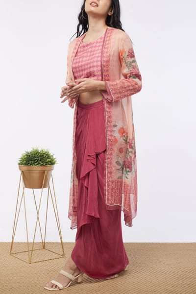 Pink printed skirt and jacket set