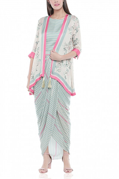 Floral printed jacket and drape dress