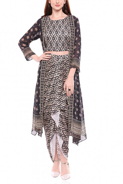 Beige and black dhoti set with jacket