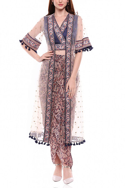 Navy blue and off white printed top and dhoti set