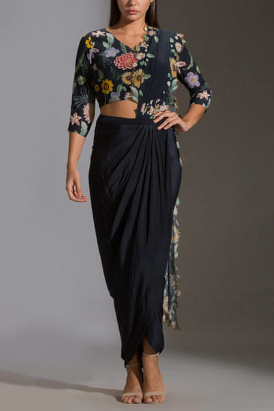 Soup by Sougat Paul Black draped sari set SSPSP3140J21