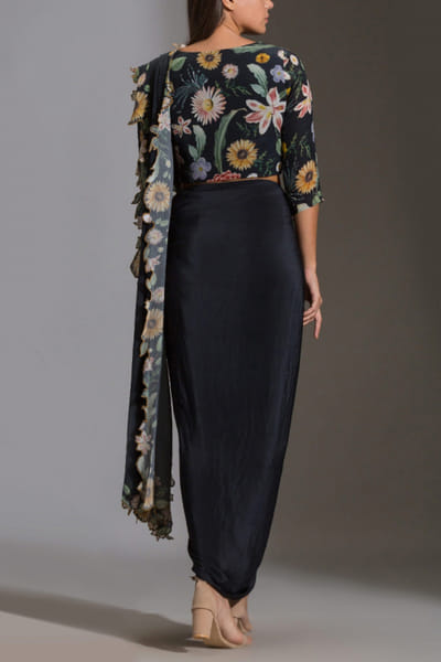 Soup by Sougat Paul Black draped sari set SSPSP3140J21