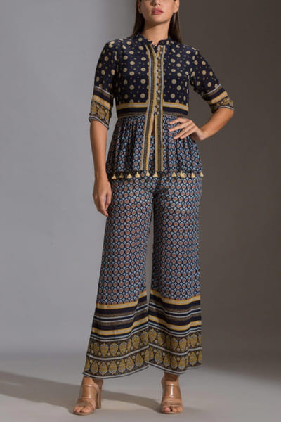 Blue printed peplum top and palazzos