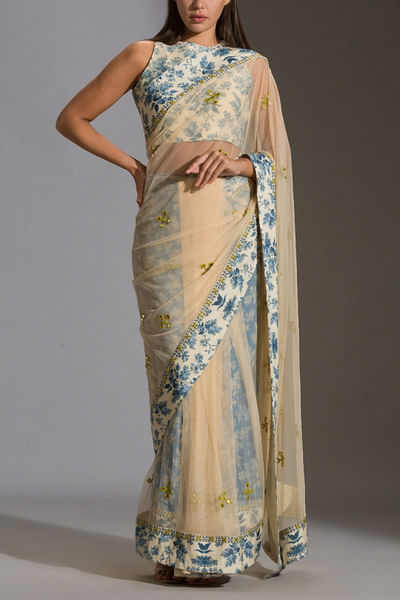 Powder blue pre-draped sari set