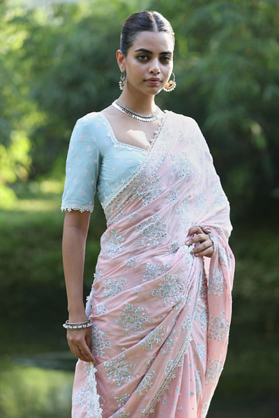 Pink floral embroidered sari set