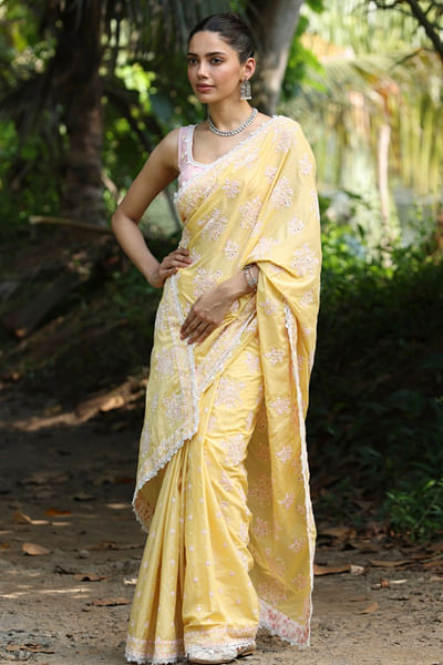 Yellow floral embroidered sari set
