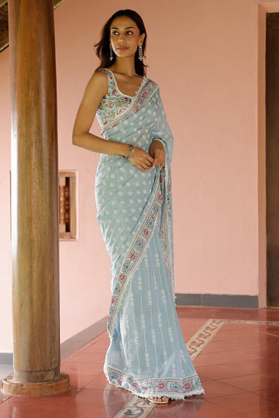 Blue floral embroidered sari set