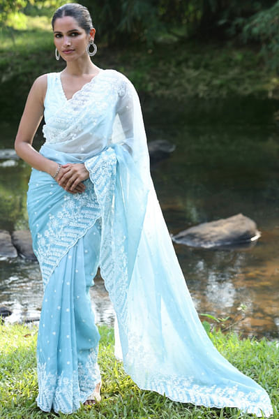 Blue floral embroidered scalloped sari set