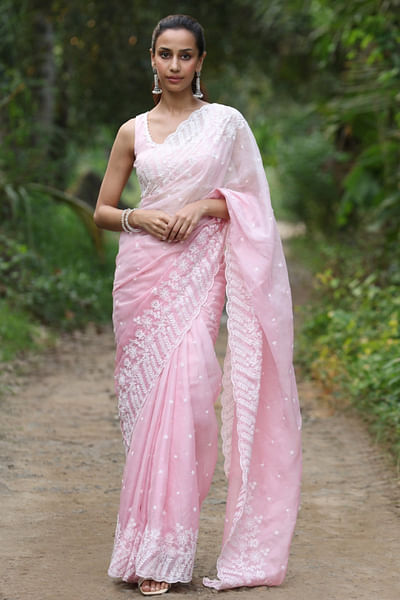 Pink floral embroidered scalloped sari set