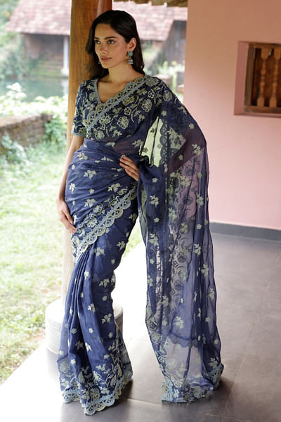 Navy floral embroidered scalloped sari set