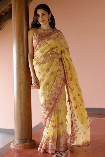 Yellow floral embroidered scalloped sari set