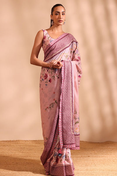 Pink floral printed sari set