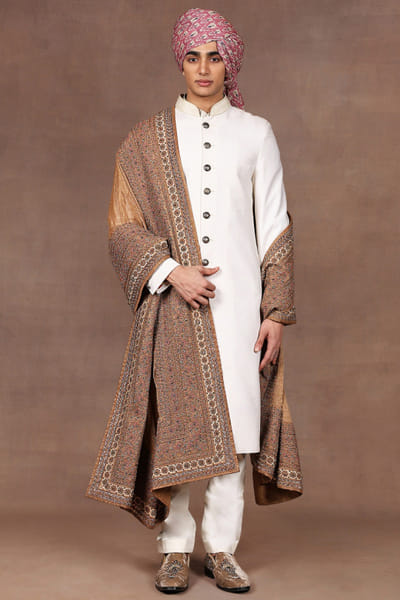 Gold metallic thread embroidered stole