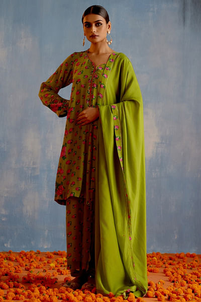 Green floral printed kurta set