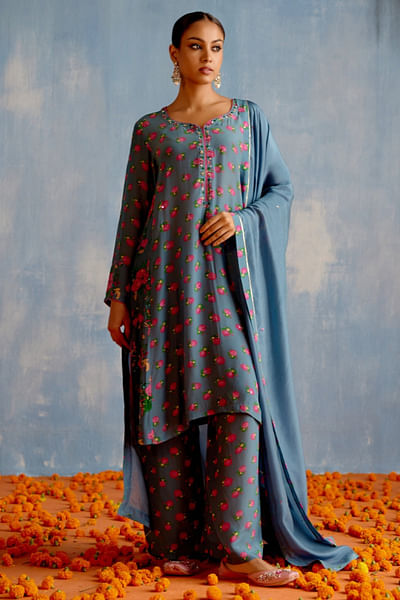 Grey floral sequin embroidered kurta set