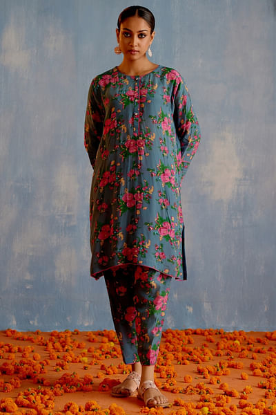 Grey floral printed and sequinned co-ords