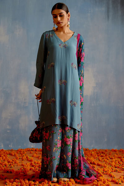 Grey floral printed sharara set