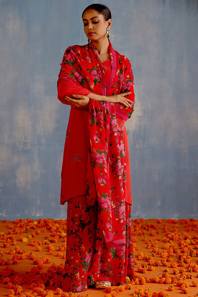 Red floral printed sharara set