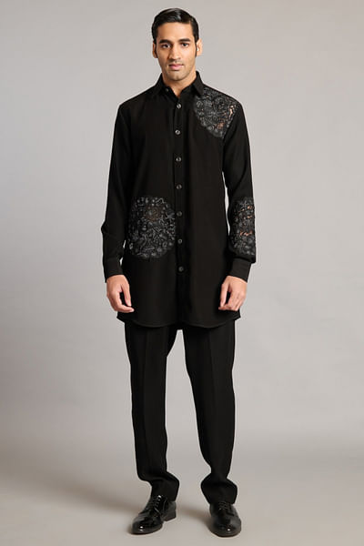 Black floral embroidered long shirt