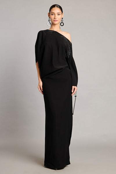 Black crystal embellished asymmetric gown