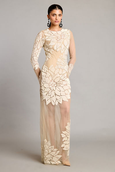 Ivory floral 3D sequin embroidered sheer gown